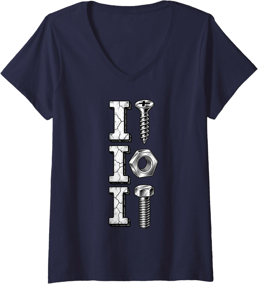 Women's I Screw I Nut I Bolt Proud Car Auto Mechanic Mens (ON Back) V-Neck T-Shirt - Navy Blue