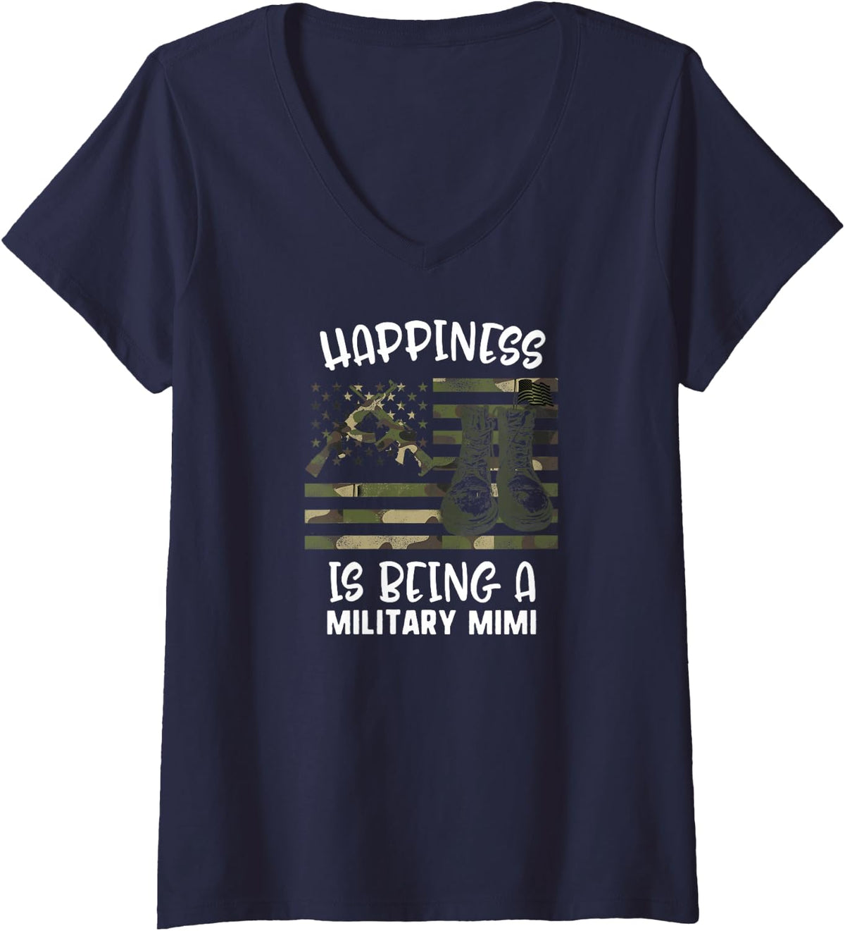 Women's Mother's Day Happiness is Being A Soldier Mimi Military Flag V-Neck T-Shirt - Navy Blue