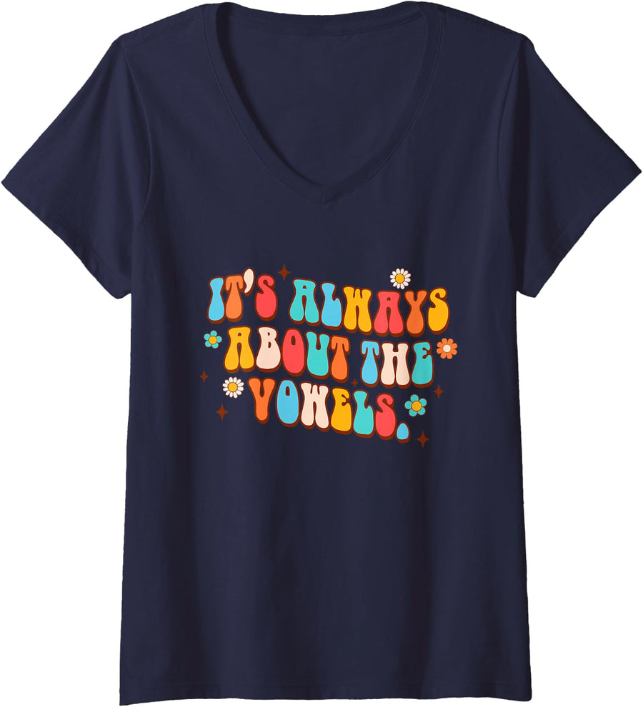 Women's Science of Reading Teacher It's Always About The Vowels V-Neck T-Shirt - Navy Blue