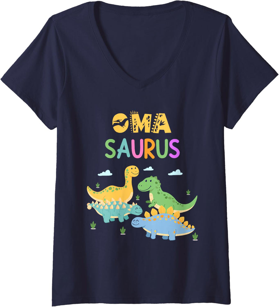 Women's Oma Saurus T-Rex Dinosaur Family Matching Birthday Party V-Neck T-Shirt - Navy Blue