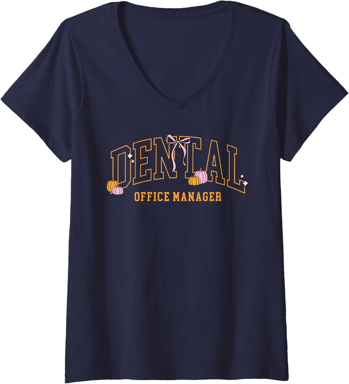 Women's Dental Office Manager Coquette Bow Pumpkin Dentist Halloween V-Neck T-Shirt - Navy Blue