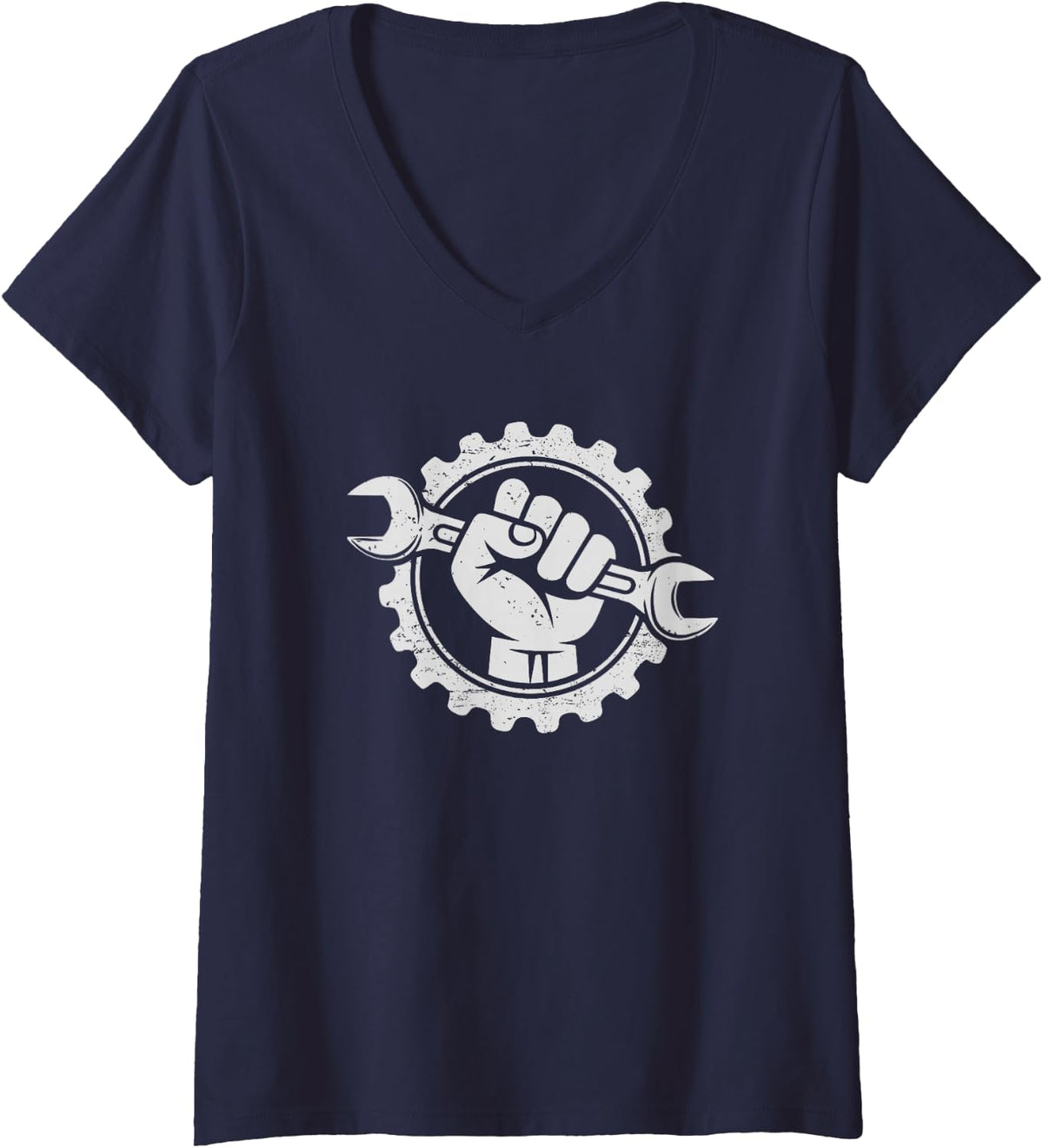 Women's Vintage Wrench Tool Auto Garage Car Mechanic V-Neck T-Shirt - Navy Blue
