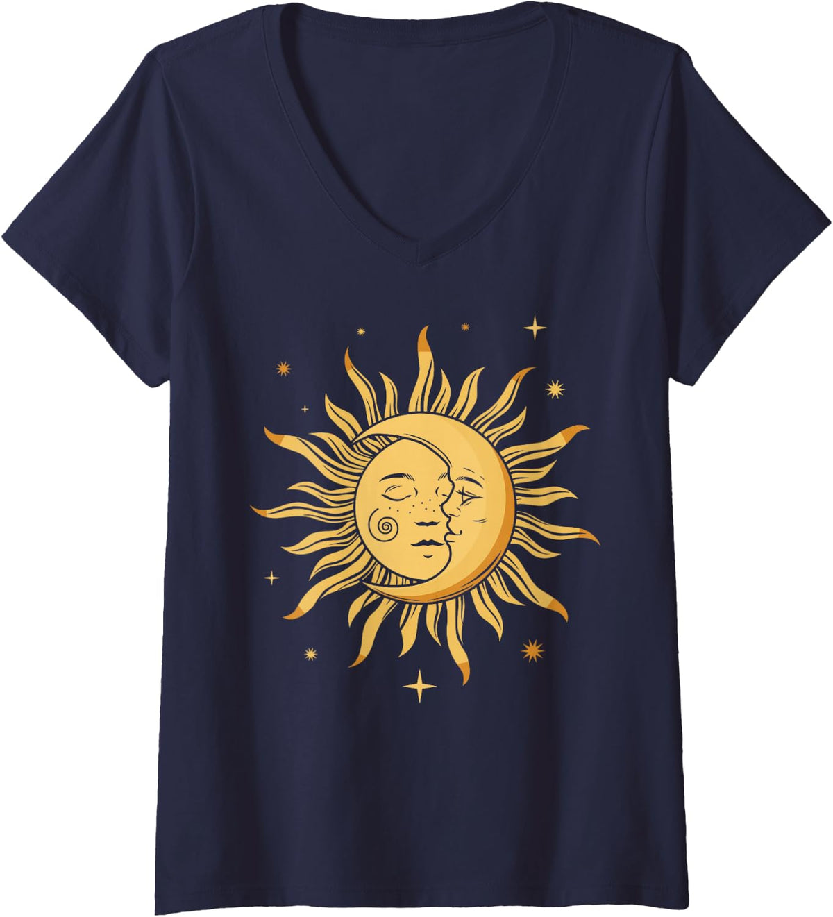 Women's Astronomy Retro Stars Sun Moon Planets Astrophile V-Neck T-Shirt - Navy Blue