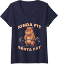 Women's Kinda Fit Sorta Fat Funny Gym Capybara Weightlifting Workout V-Neck T-Shirt - Navy Blue