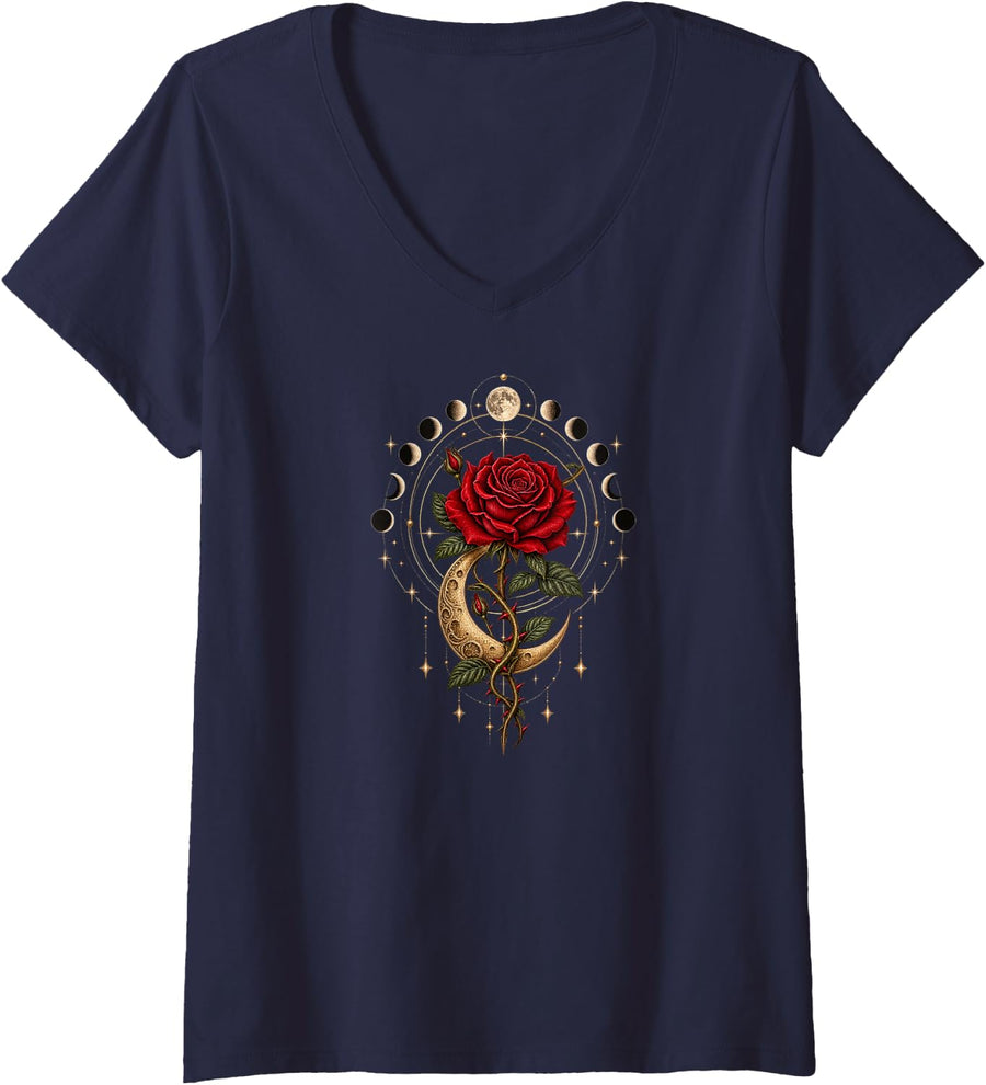 Women's Red Goth Rose Crescent Moon Lunar Phases Celestial Botanical V-Neck T-Shirt - Navy Blue