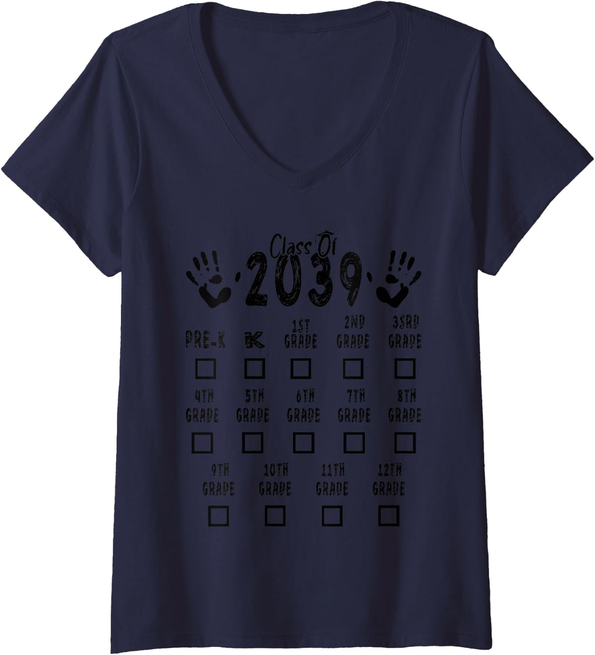 Women's Class of 2039 Grow with Me tee, Handprint Pre-K 12th Grade V-Neck T-Shirt - Navy Blue