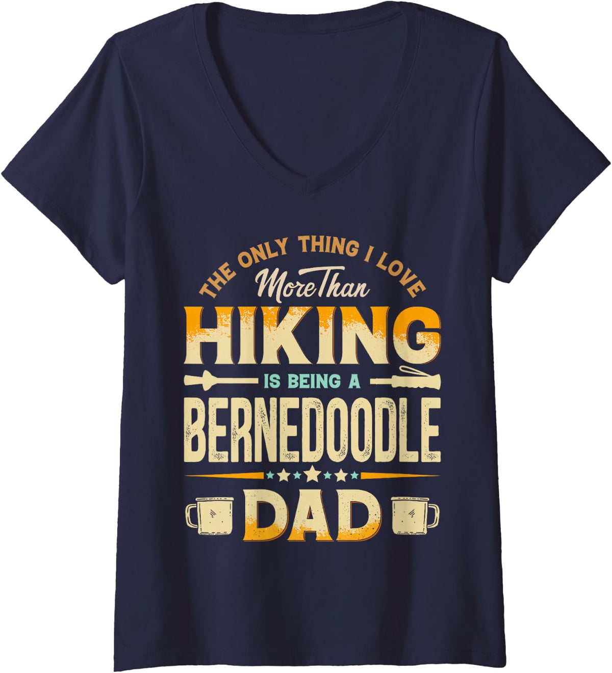 Women's Funny Hiking Father's Day - Bernedoodle Dad Dog Lover V-Neck T-Shirt - Navy Blue