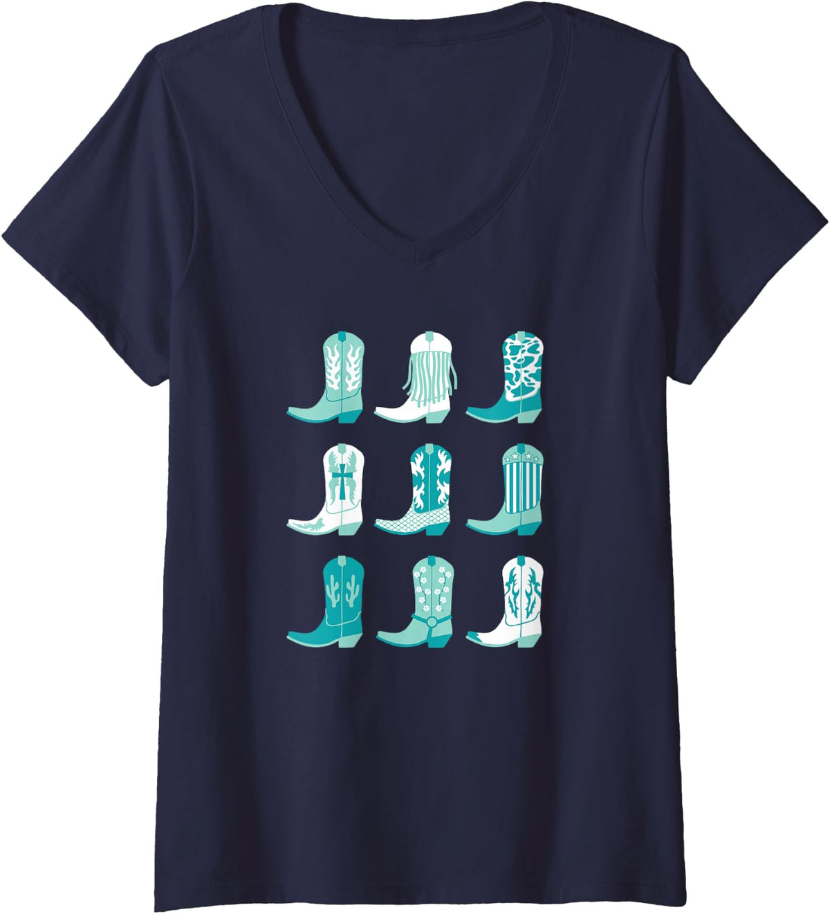 Women's Teal Cowgirl Boots Pretty Country Girl Turquoise V-Neck T-Shirt - Navy Blue