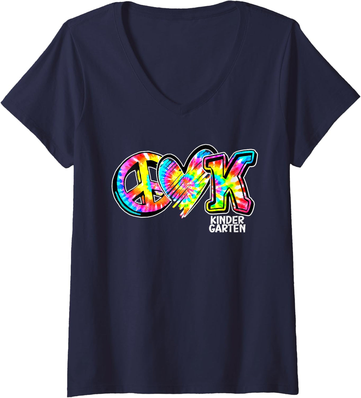 Women's Peace Love Kindergarten Kids Teacher Tie-dye Back to School V-Neck T-Shirt - Navy Blue