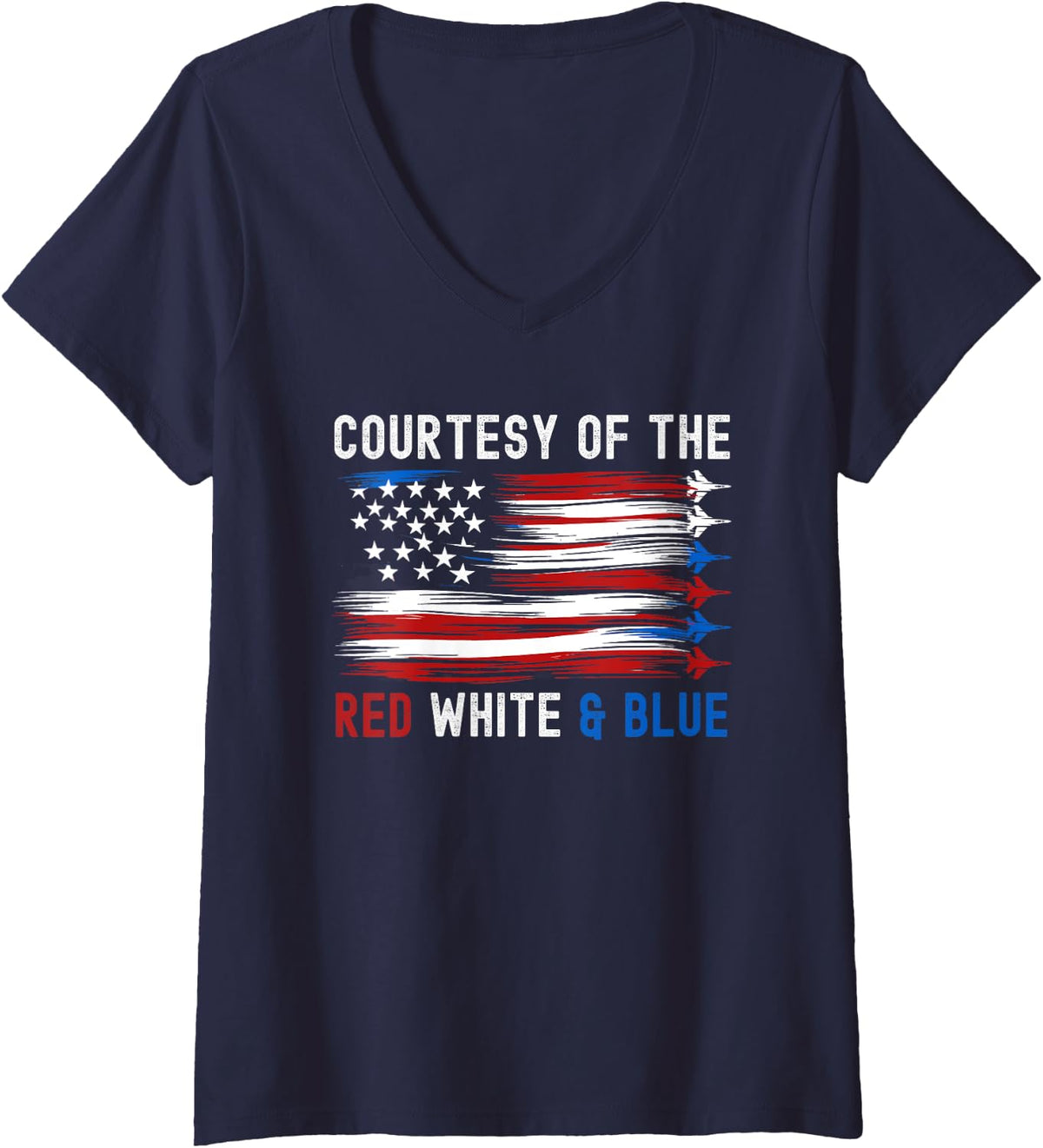 Womens Courtesy Red White Blue Funny Patriotic US Flag V-Neck T-Shirt - Navy Blue