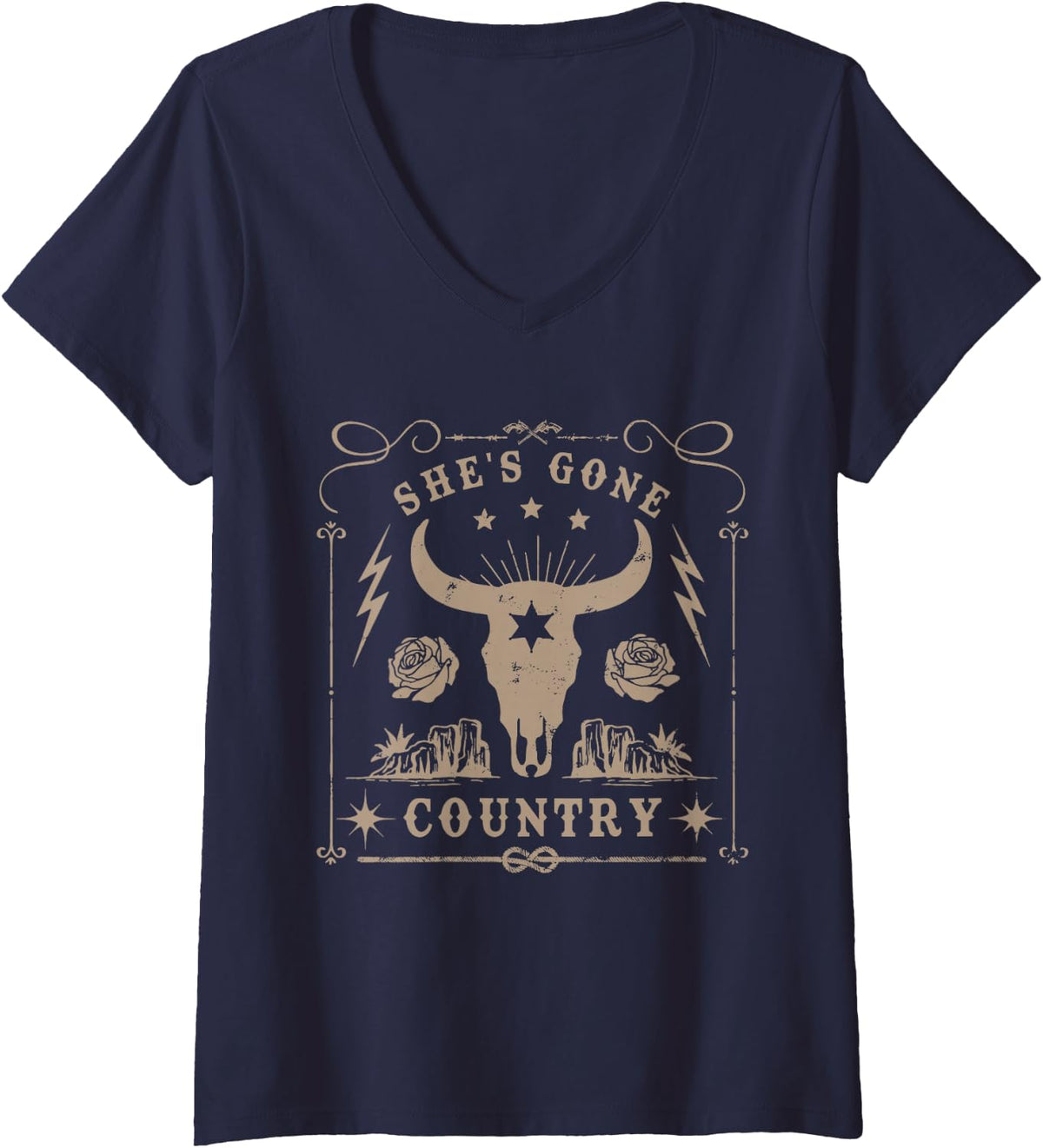 Womens She's Gone Country Music Howdy Rodeo Bull Skull Western V-Neck T-Shirt - Navy Blue