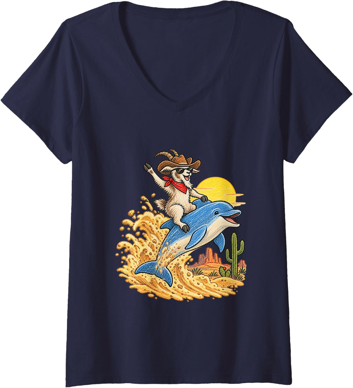 Women's Goat Riding Dolphin Funny Animal Meme V-Neck T-Shirt - Navy Blue