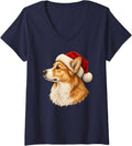 Women's Santa Hat Pembroke Welsh Corgi Christmas V-Neck T-Shirt - Navy Blue