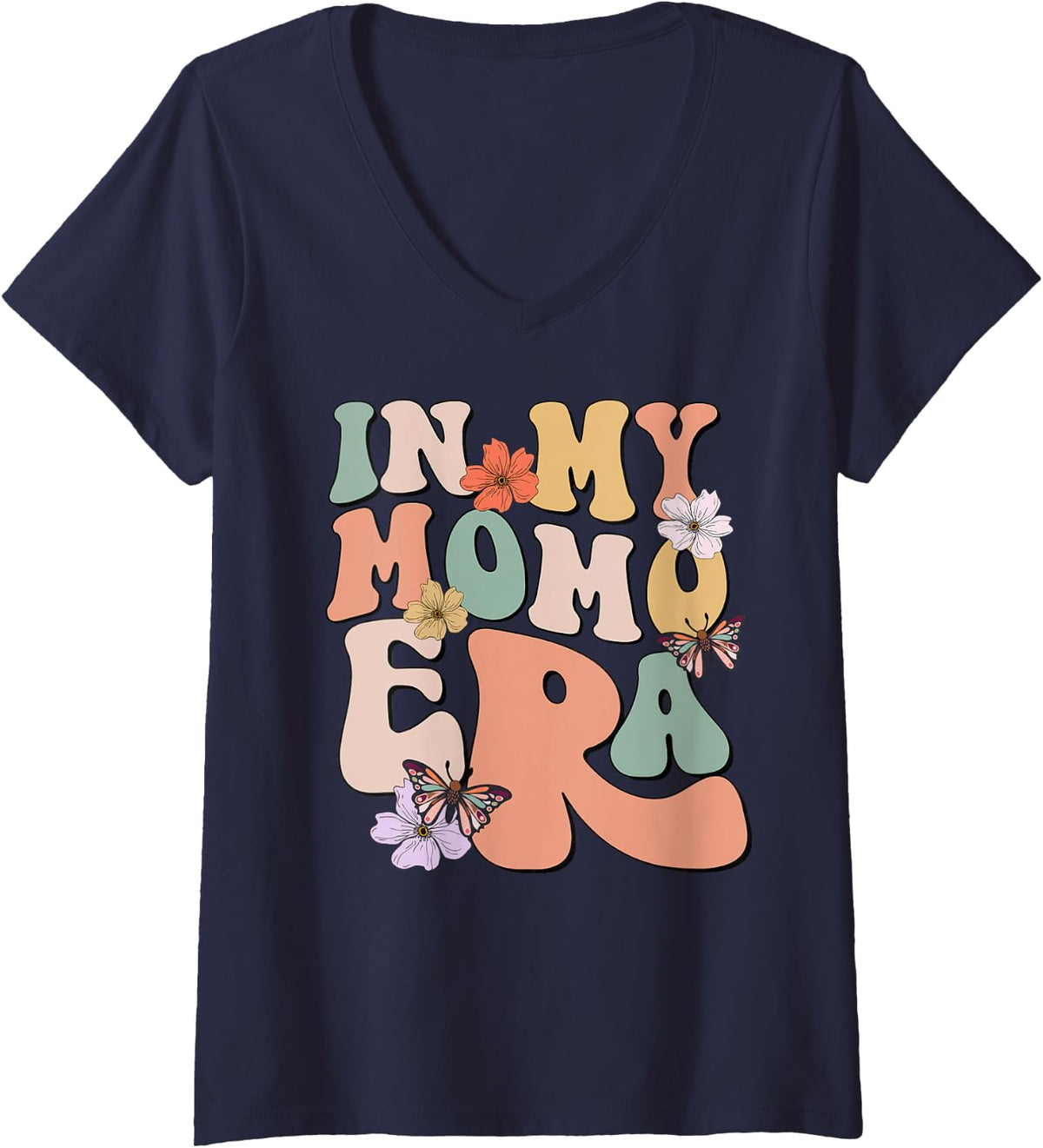 Women's Retro Groovy in My Momo Era Butterfly Mother's Day V-Neck T-Shirt - Navy Blue