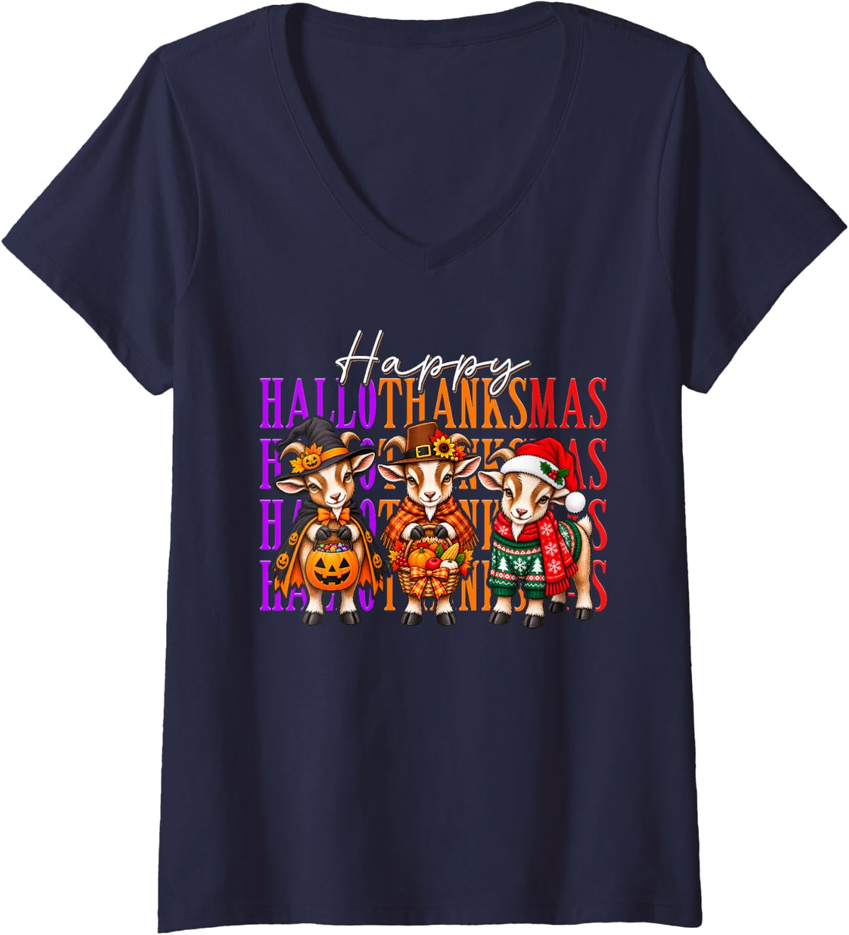 Women's Happy Hallothanksmas Goat Halloween Thanksgiving Christmas V-Neck T-Shirt - Navy Blue