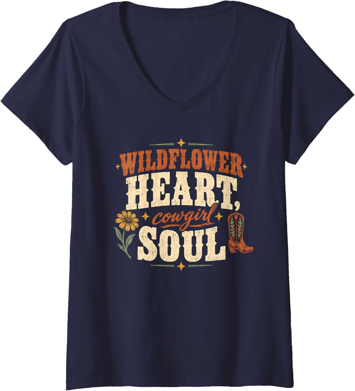 Women's Western Wildflower Heart Cowgirl Soul Boho Floral Daisy V-Neck T-Shirt - Navy Blue