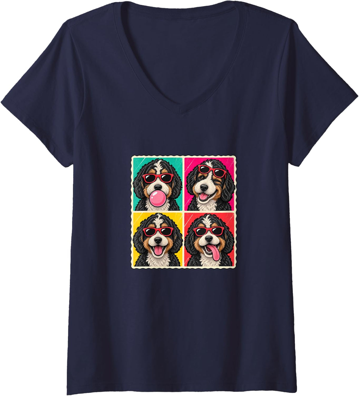 Women's Funny Bernedoodle Sunglasses Photobooth Bubblegum Retro Dog V-Neck T-Shirt - Navy Blue