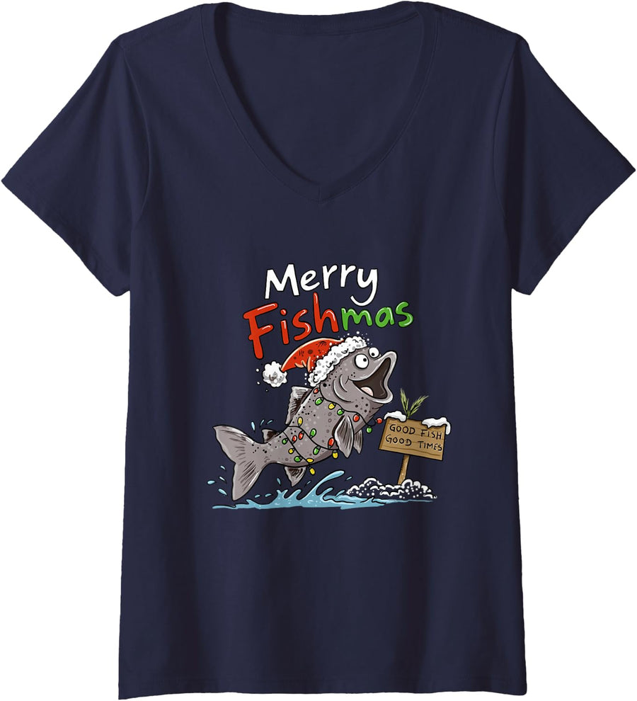 Women's Christmas Trout Fishing Angler Holiday Fish Cartoon V-Neck T-Shirt - Navy Blue