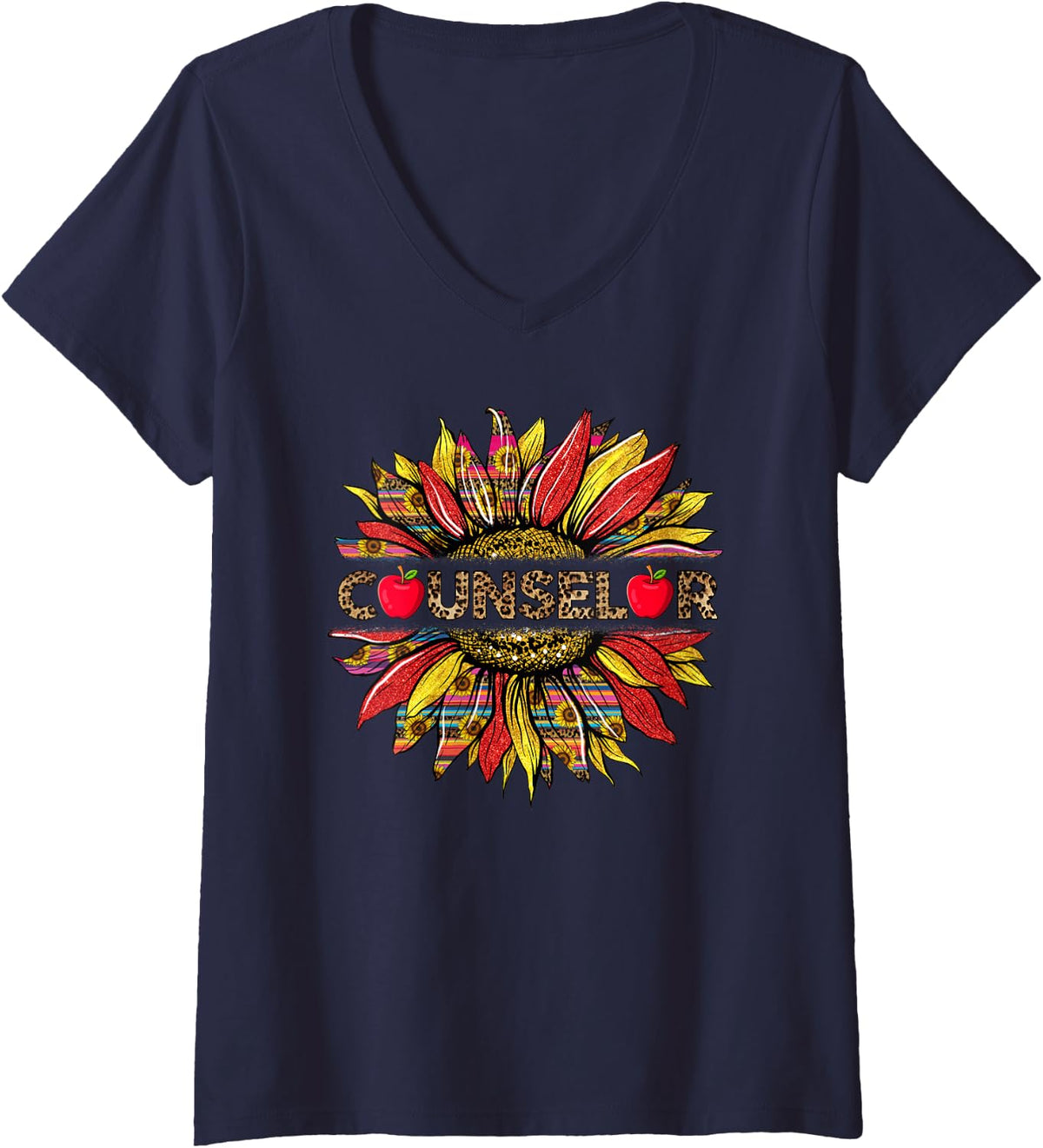 Women's Leopard Sunflower Counselor Appreciation Back to School V-Neck T-Shirt - Navy Blue