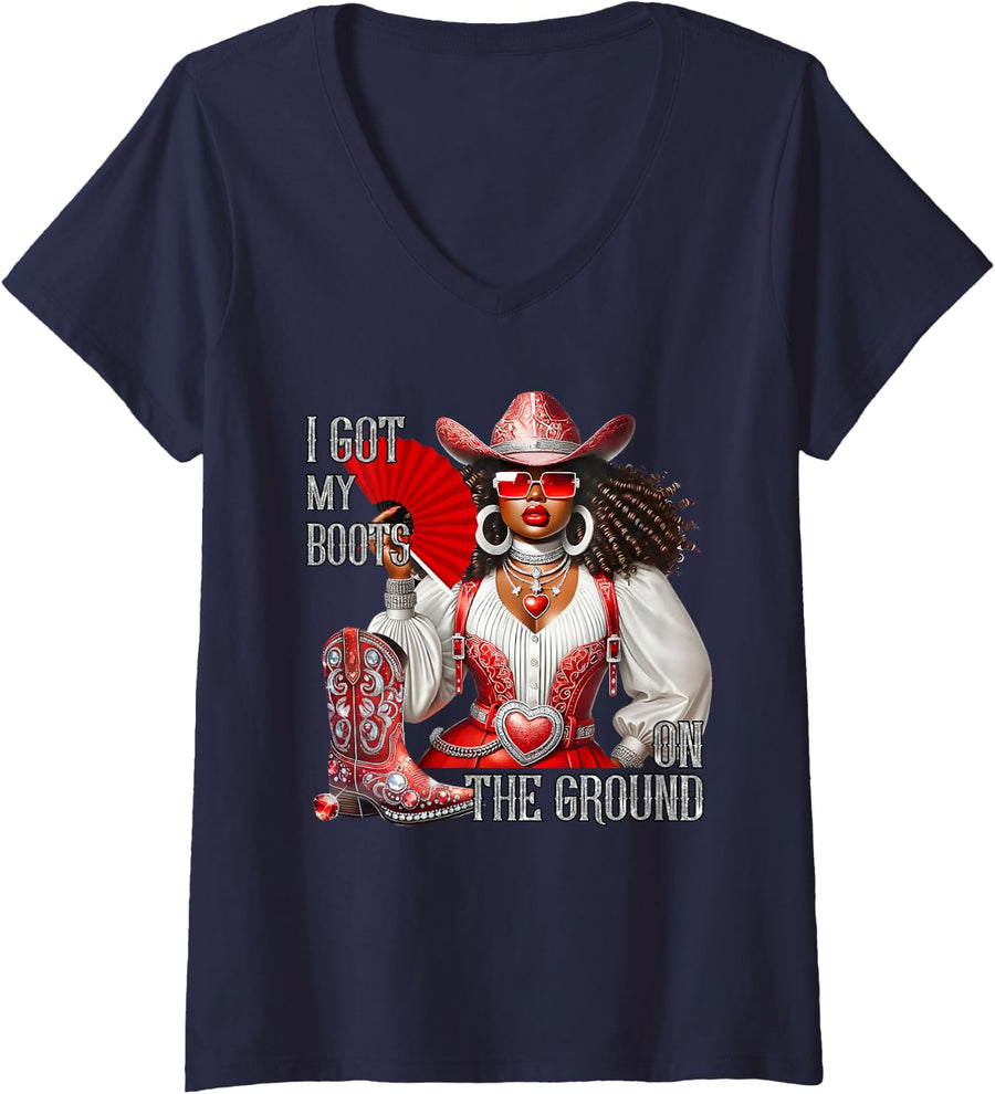 Women's Western Black Cowgirl Hat Boots I Got My Boots On The Ground V-Neck T-Shirt - Navy Blue