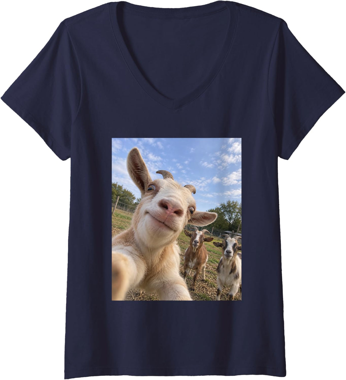 Women's Funny Goat Final Boss Silly Farm Animal Selfie Meme V-Neck T-Shirt - Navy Blue