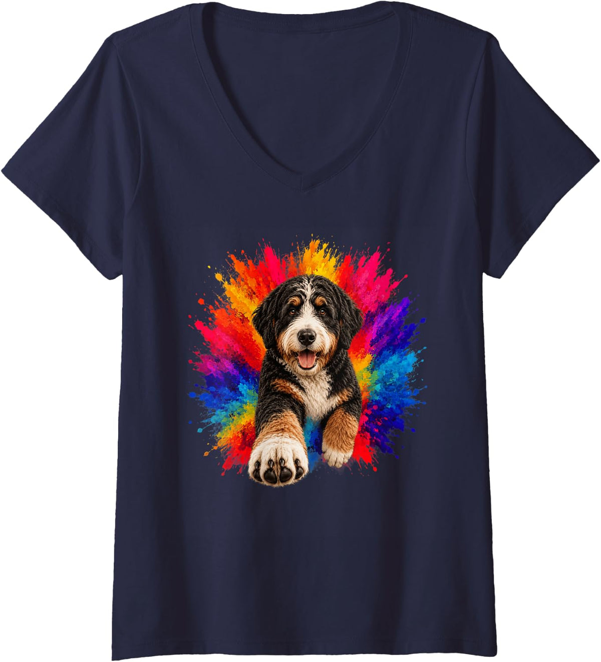 Women's Bernedoodle Colorful Splash Art Dog V-Neck T-Shirt - Navy Blue