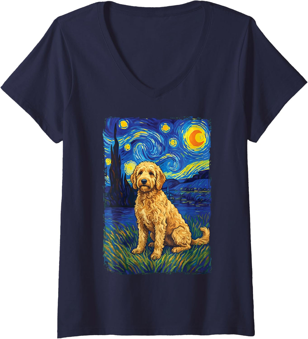 Women's Goldendoodle Starry Night V-Neck T-Shirt - Navy Blue