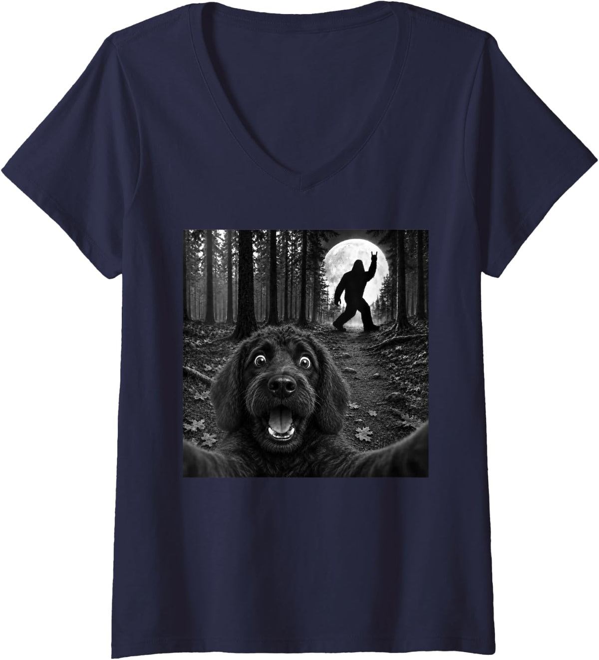 Women's Labradoodle Selfie with Bigfoot Rock and Roll Dog Sasquatch V-Neck T-Shirt - Navy Blue