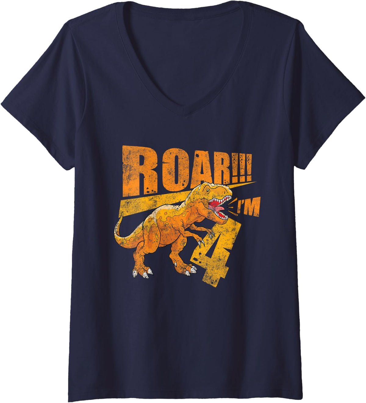 Women's Roar I'm Four 4 Years Birthday Boy Dinosaur V-Neck T-Shirt - Navy Blue