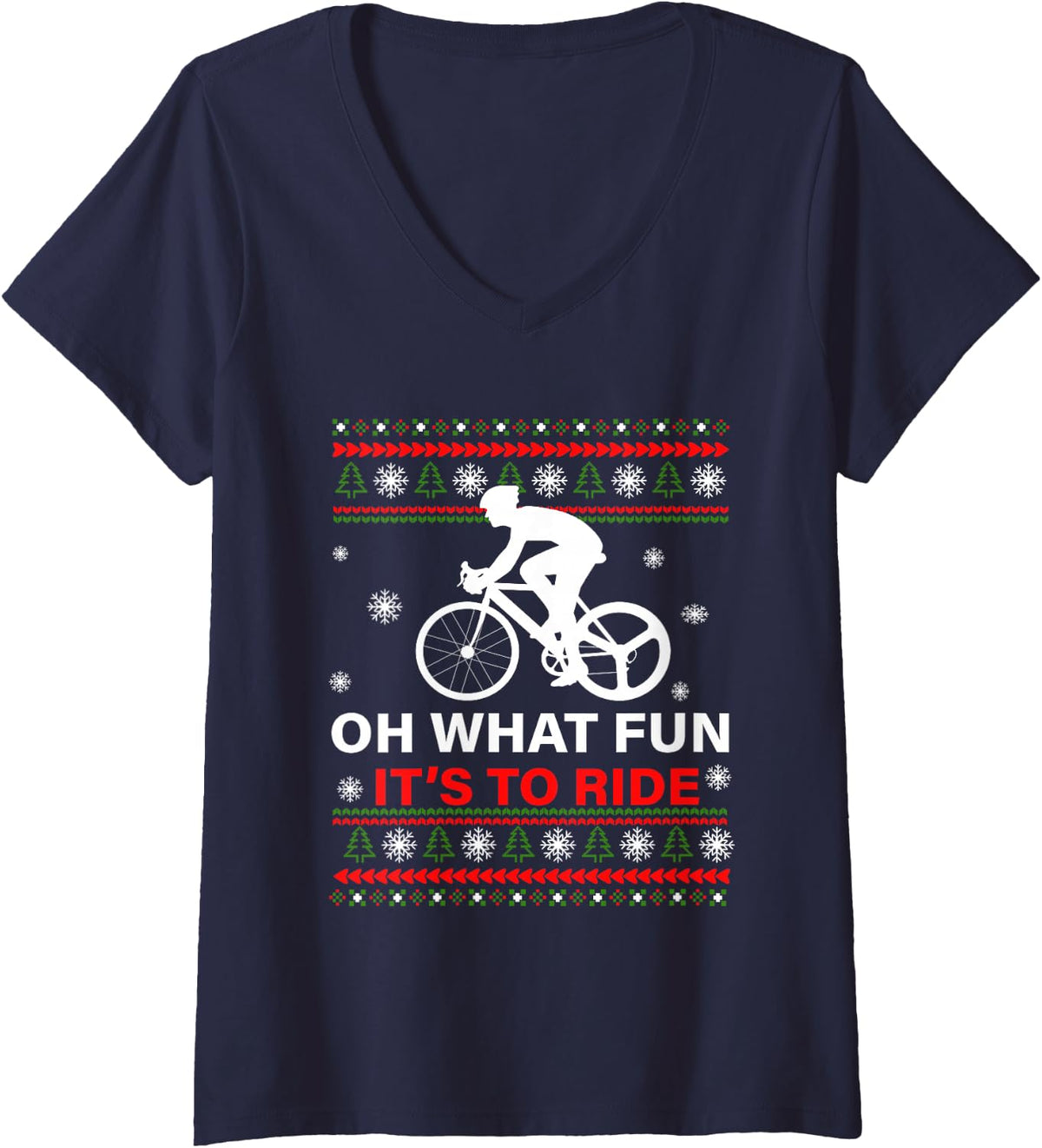 Women's Cycling Cyclist Bicycle Oh What Fun Ugly Christmas Sweater V-Neck T-Shirt - Navy Blue