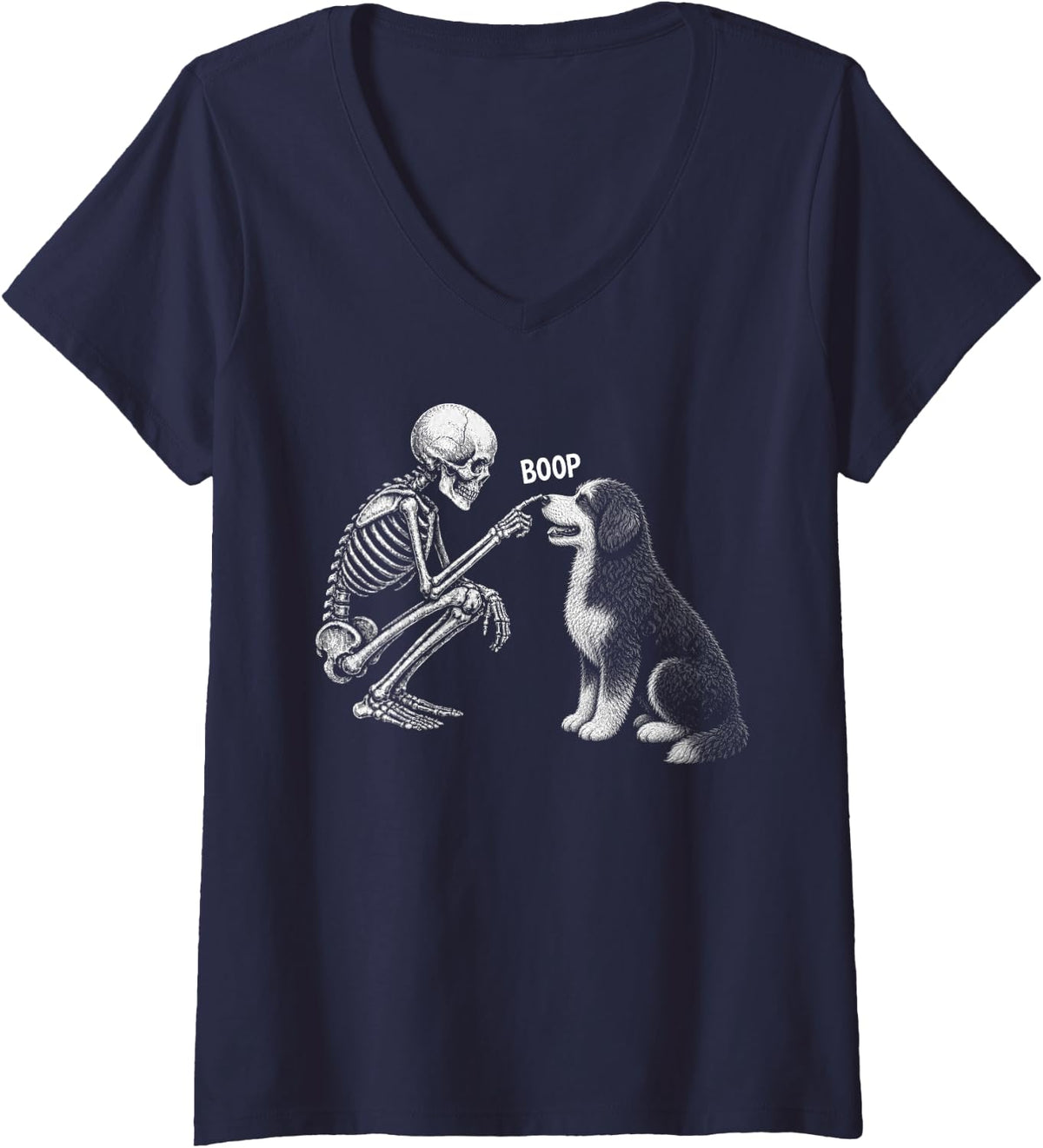Women's Skeleton Boop Dog Nose Bernedoodle Vintage Halloween V-Neck T-Shirt - Navy Blue