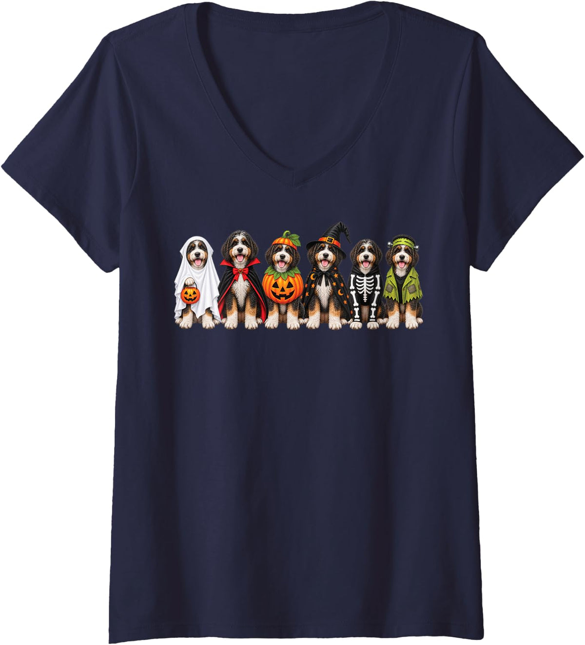 Women's Funny Bernedoodle Halloween Costume V-Neck T-Shirt - Navy Blue