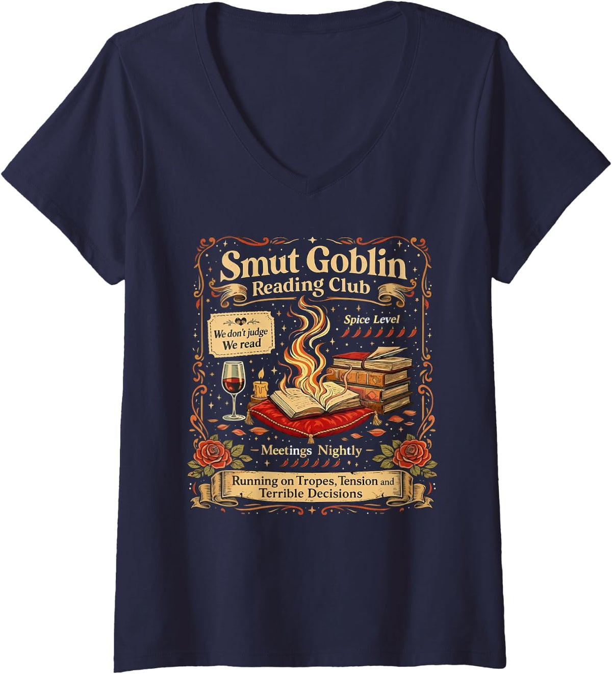 Women's Smut Goblin Reading Club Spicy Book Lover Literary V-Neck T-Shirt - Navy Blue