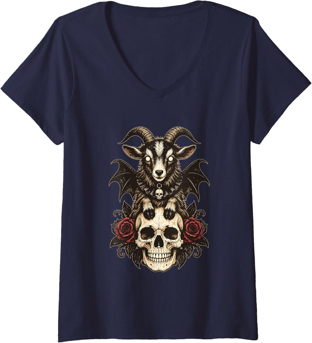 Women's Goat with Bat Wings Floral Gothic Skull Halloween Animal V-Neck T-Shirt - Navy Blue
