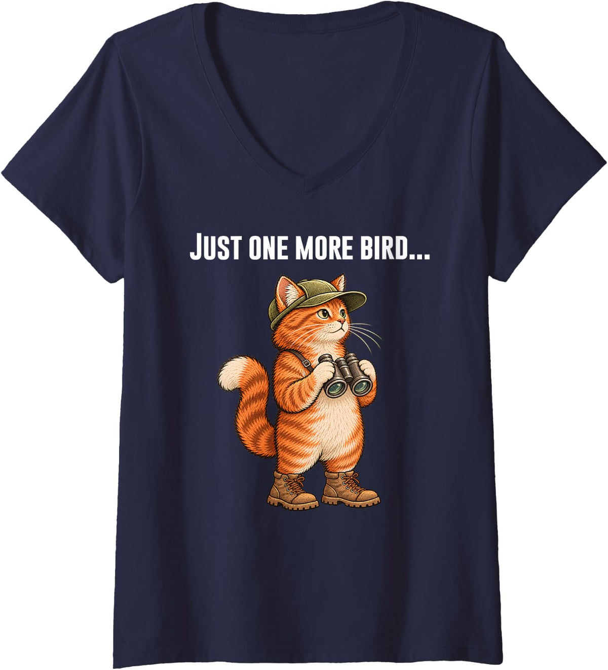 Women's Funny Cat Birdwatcher Bird Watching V-Neck T-Shirt - Navy Blue