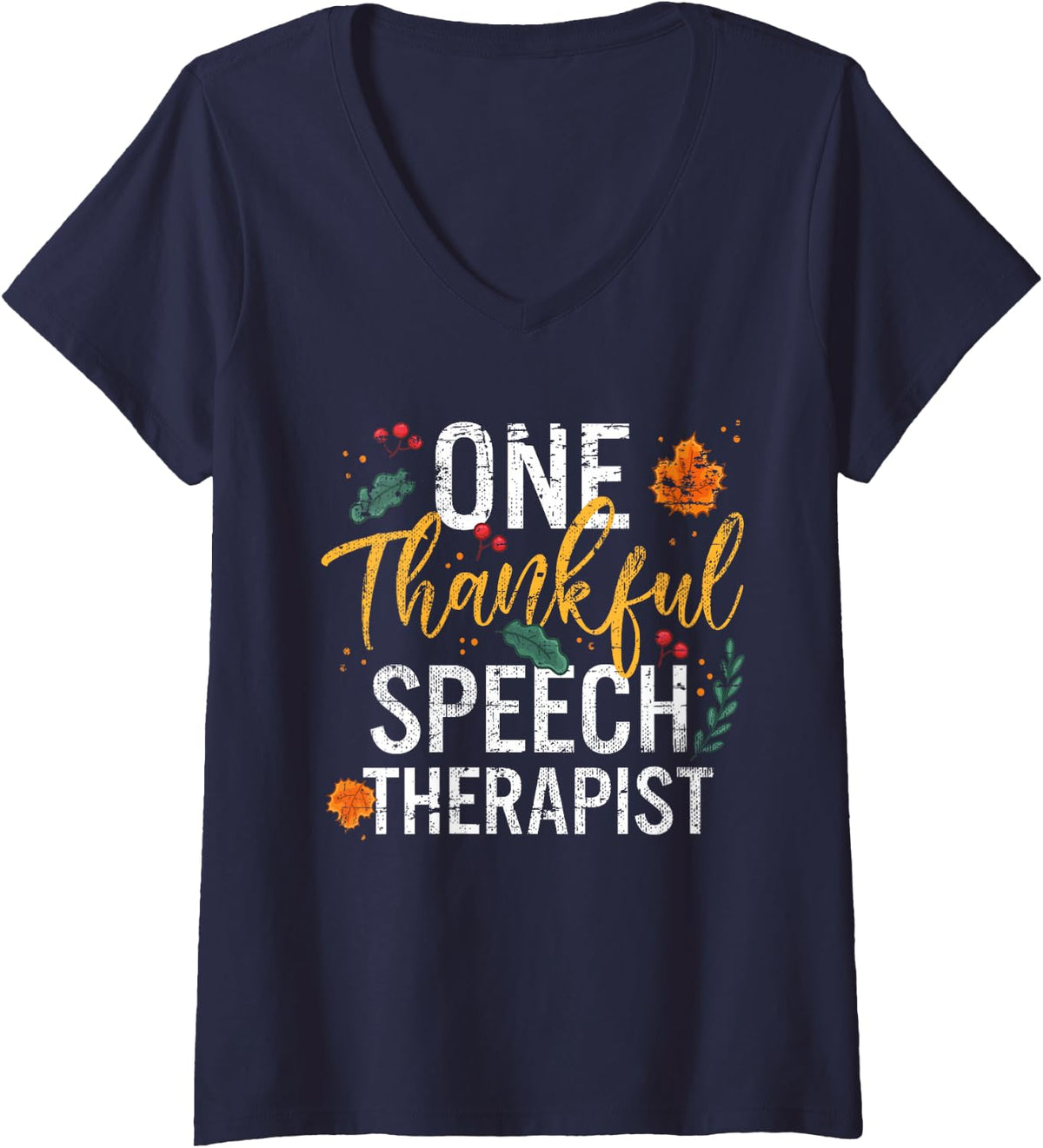 Women's One Thankful Speech Therapist Thanksgiving Vintage V-Neck T-Shirt - Navy Blue