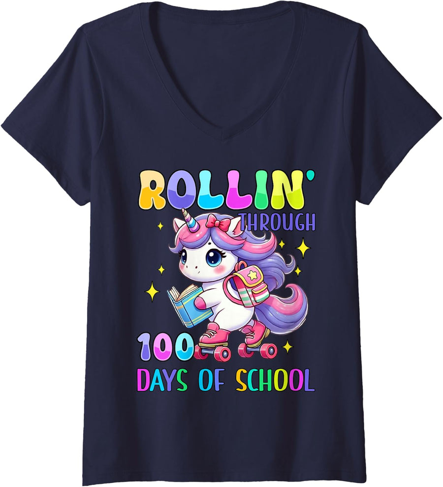 Women's 100 Days of School Unicorn Girls 100th Day 100 Days Smarter V-Neck T-Shirt - Navy Blue
