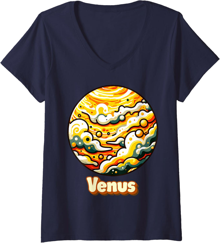 Women's Planet Venus Outer Space Costume Graphic V-Neck T-Shirt - Navy Blue