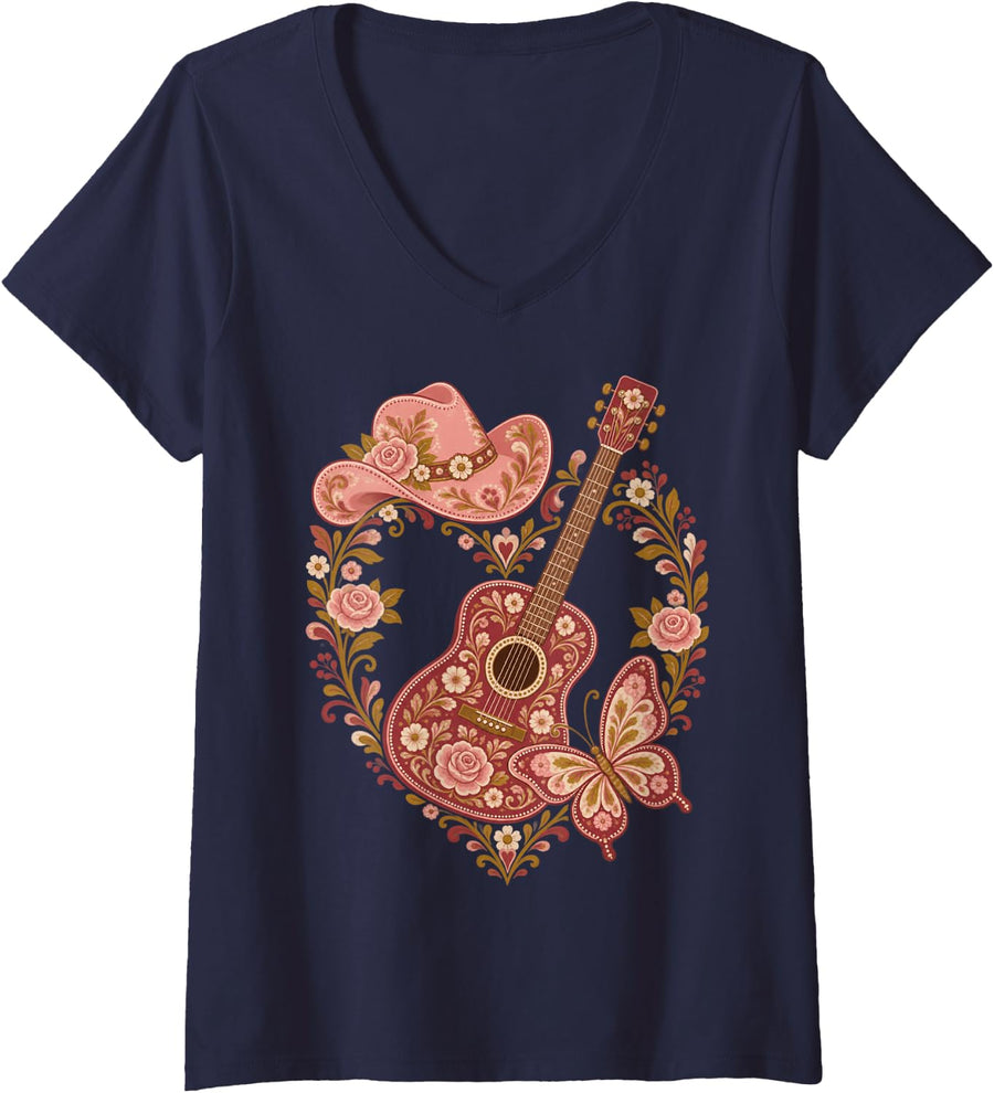 Women's Western Guitar Butterfly Floral Cowgirl Aesthetic V-Neck T-Shirt - Navy Blue