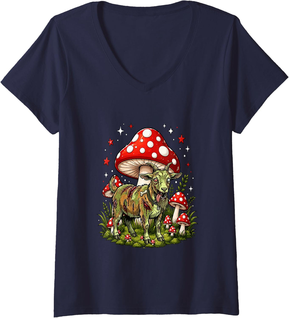 Women's Goat Horror Zombie Halloween Carved Pumpkins Farmer V-Neck T-Shirt - Navy Blue
