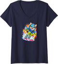 Women's Pembroke Welsh Corgi Dog Skiing Watercolor Splash Art V-Neck T-Shirt - Navy Blue