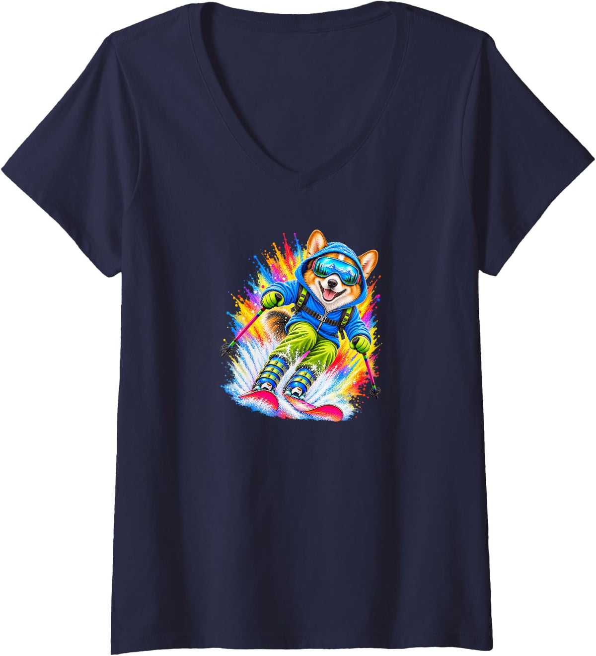 Women's Pembroke Welsh Corgi Dog Skiing Watercolor Splash Art V-Neck T-Shirt - Navy Blue