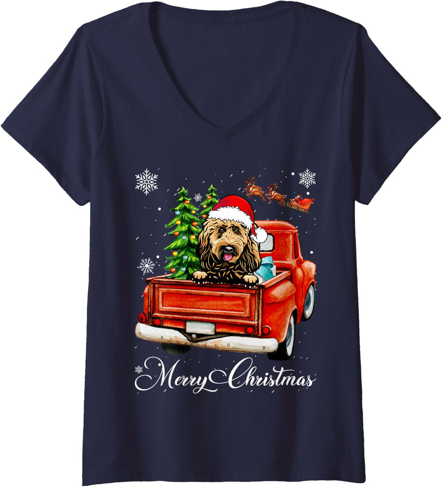 Women's Funny Goldendoodle Ride Red Truck Merry Christmas Pajama V-Neck T-Shirt - Navy Blue