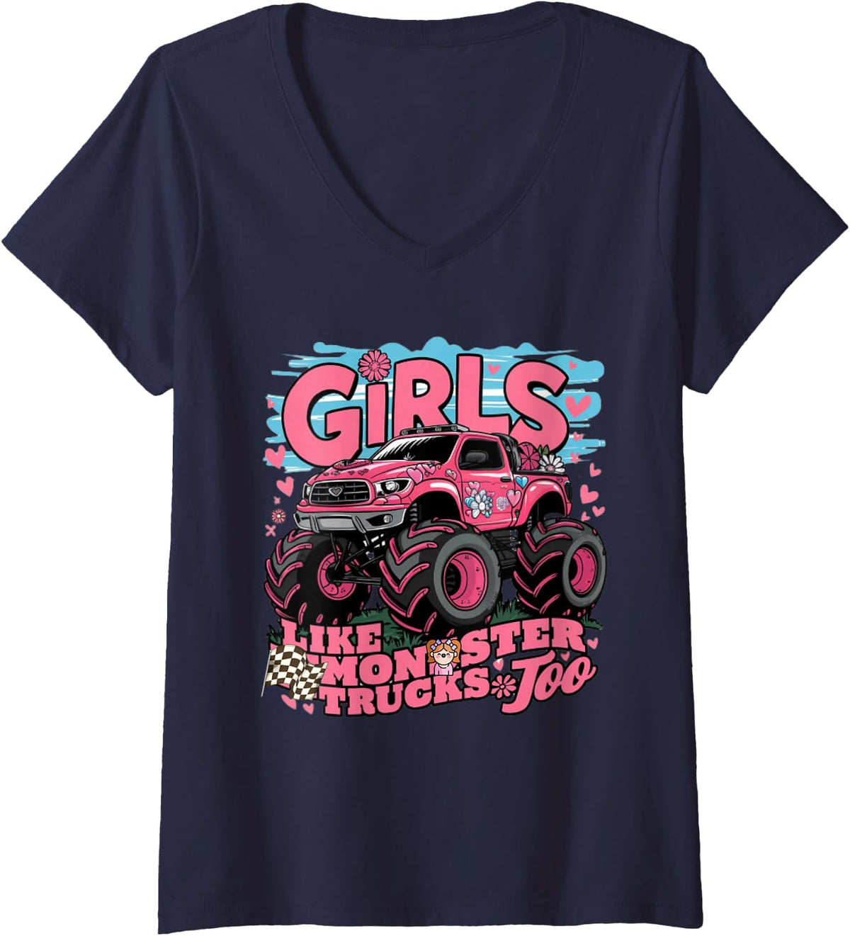 Women's Cute Monster Truck Girls Like Monsters Too V-Neck T-Shirt - Navy Blue