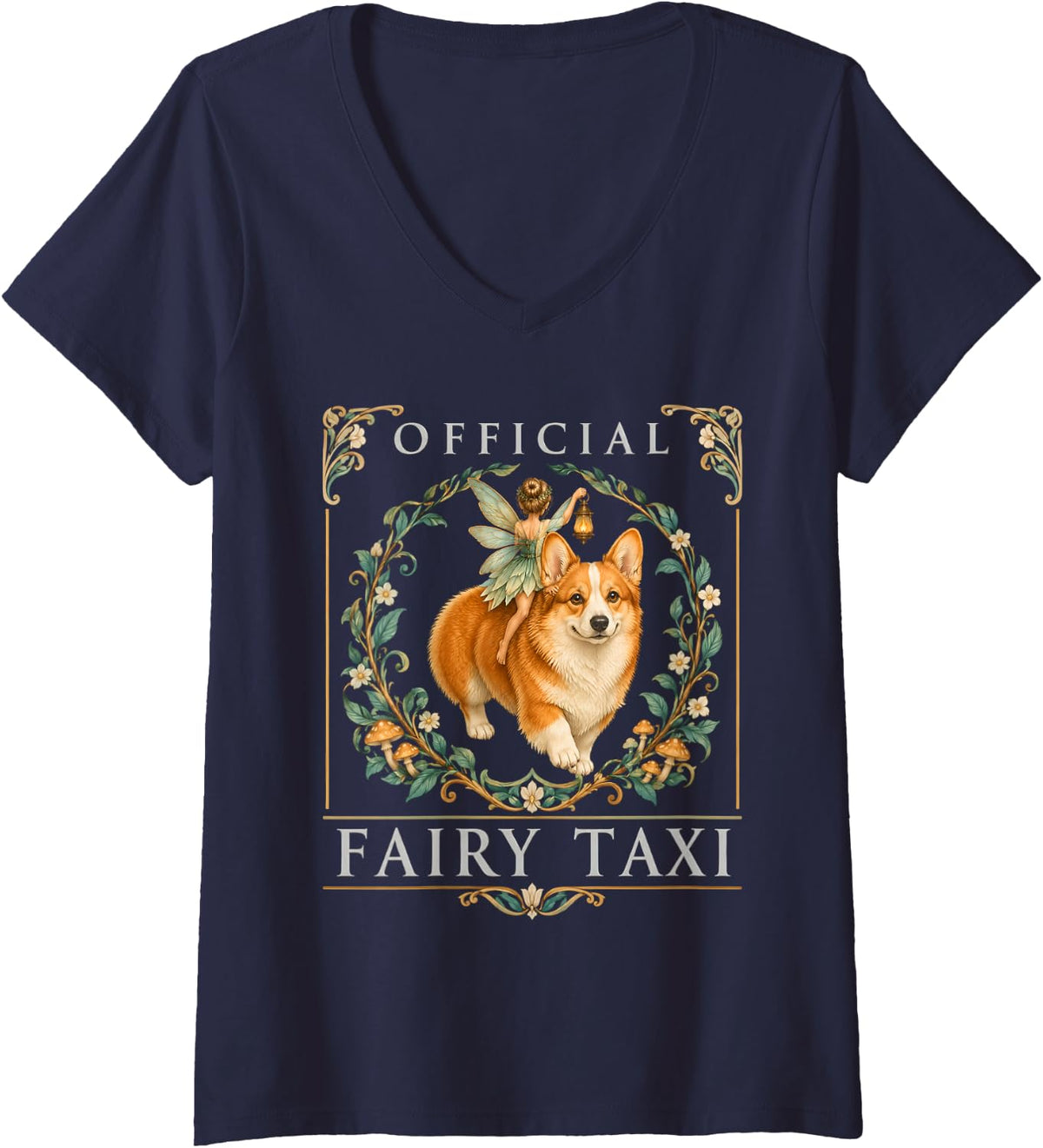 Women's Official Fairy Taxi Corgi Welsh Legend V-Neck T-Shirt - Navy Blue