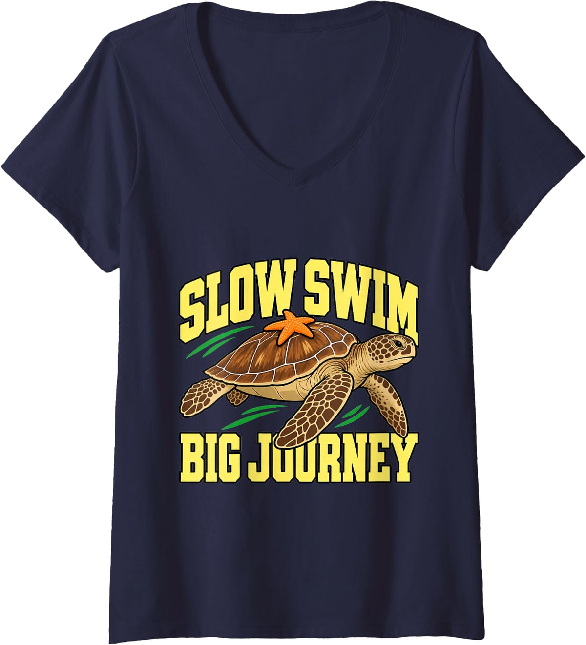 Women's Sea Turtle Slow Swim Big Journey Sea Lover Funny Humor V-Neck T-Shirt - Navy Blue