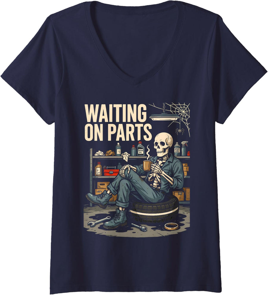 Women's Mechanic Men Auto Repair Waiting on Parts Car Technician V-Neck T-Shirt - Navy Blue