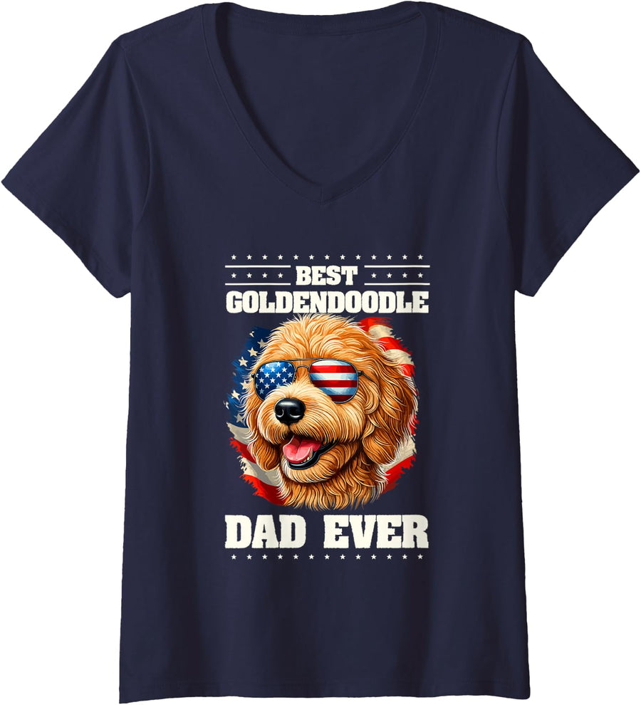 Women's Goldendoodle Dad American USA Flag Goldendoodles Doodle V-Neck T-Shirt - Navy Blue