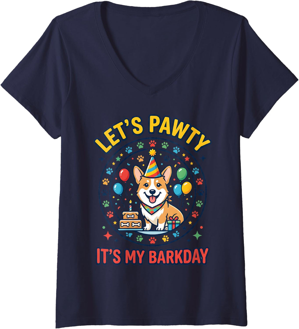 Women's Pembroke Welsh Corgi Fur Baby Barkday Let's Pawty Birthday V-Neck T-Shirt - Navy Blue