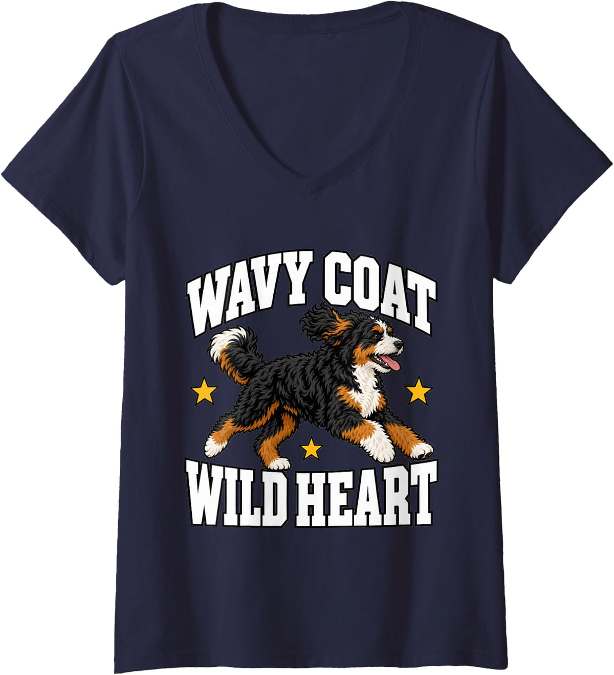 Women's Bernedoodle Wavy Coat Wild Heart Dog Mom Dad Owner V-Neck T-Shirt - Navy Blue